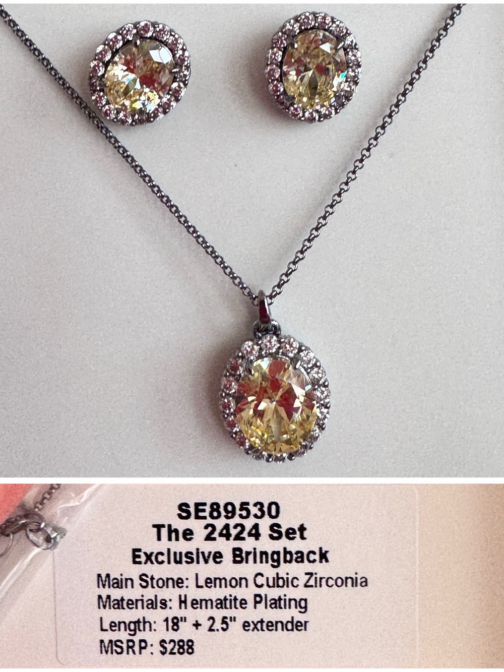 Lemon Cubic Zirconia Halo Necklace & Stud Earrings Set - Hematite Plating